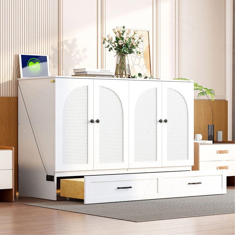 Lit escamotable double avec grands tiroirs, Lit double, Blanc