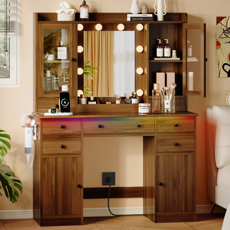 Makeup Vanity Desk with LED Lights and Power Outlet, 43.7" Dressing Table with 7 Drawers, Storage Cabinet & Adjustable RGB Lights