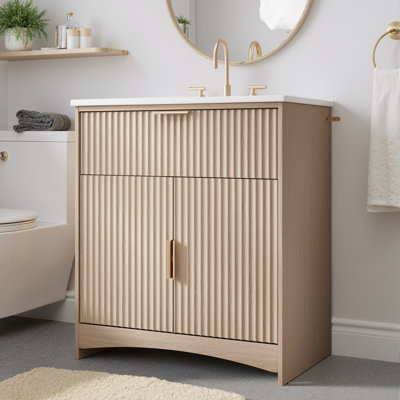 Meuble-lavabo 30 po avec lavabo en céramique, armoire de rangement encastrée cannelée, finition chêne naturel ou blanc