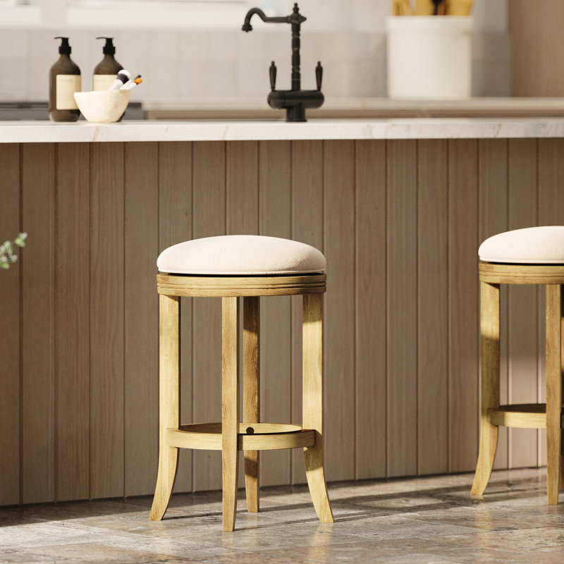 Pivot en bois 26 po sans dossier avec rotation à 360 degrés, siège rembourré crème, finition noyer doré, étapes d'assemblage faciles, assemblage
