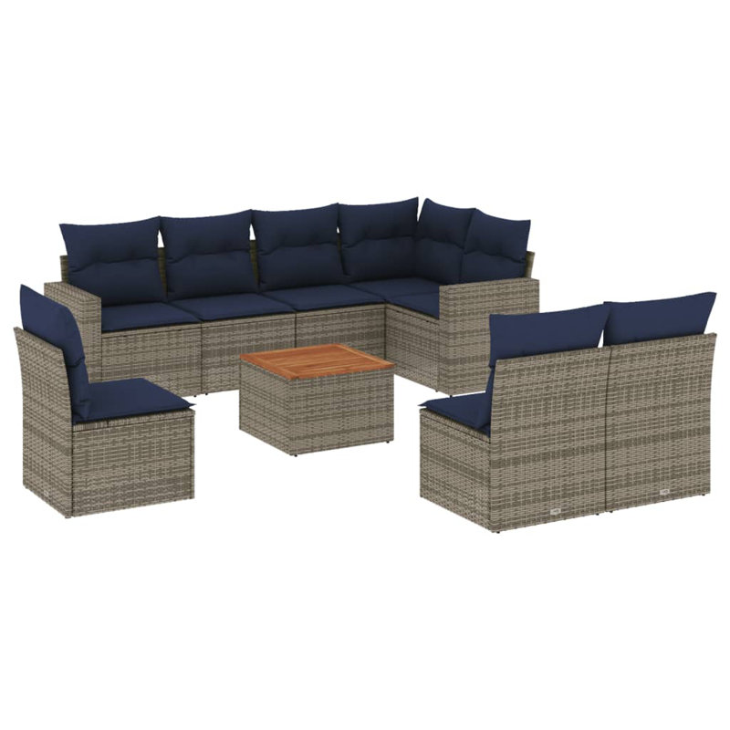 Ensemble de canapé de patio 9 pièces avec coussins en rotin de polyester, Marine, Gris