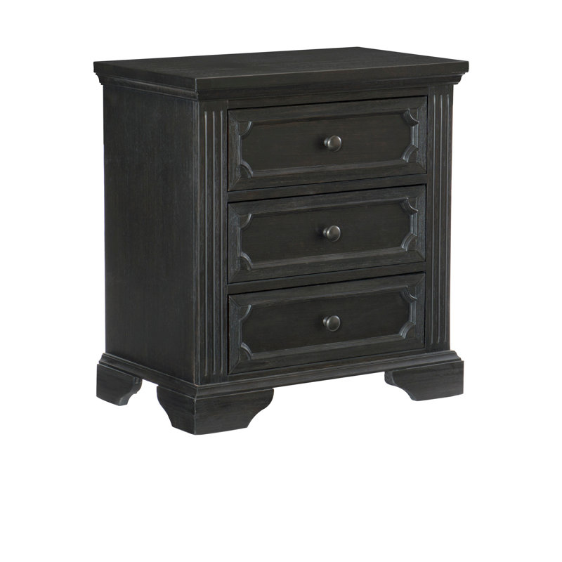 Table de chevet rustique traditionnelle à 3 tiroirs avec finition anthracite brossée et boutons bronze clair, parfaite pour les chambres élégantes