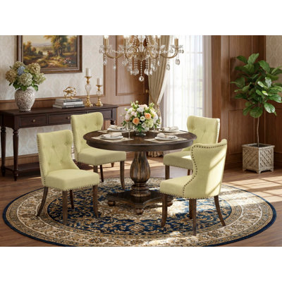 5 Piece Dinette Set for 4 Includes a Round Dining Table with Pedestal and 4 Limelight Linen Fabric Parson Chairs, Distressed Jacobean
