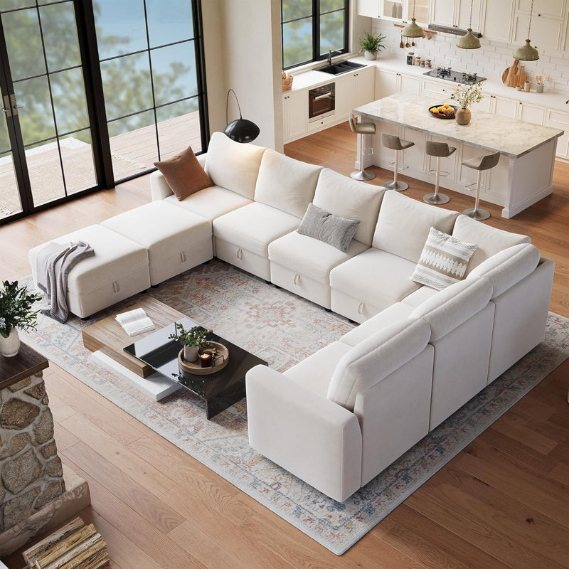 Canapé modulaire beige à 9 places Cloud, canapé modulaire en L avec repose-pieds, tissu chenille et grand espace de rangement pour le salon