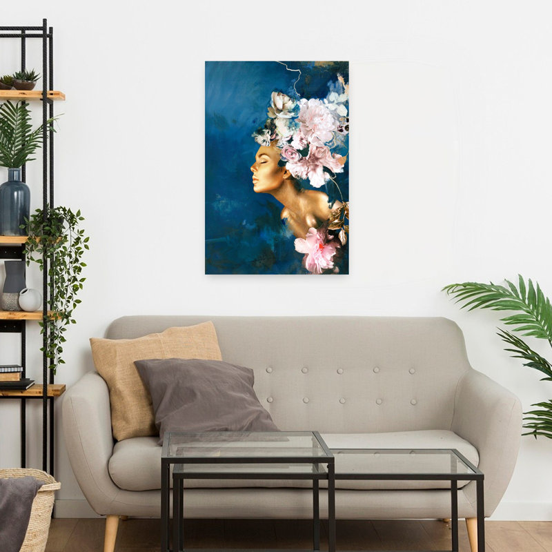 Or sur fond bleu, pivoine, H 24 po x l 16 po