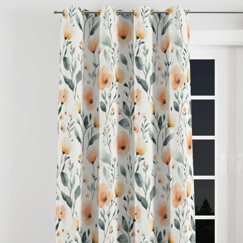 Rideaux à motif floral - rideau à œillets boho orange et vert pré - 1 panneau, L 52 po x L 95 po, Œillets dorés