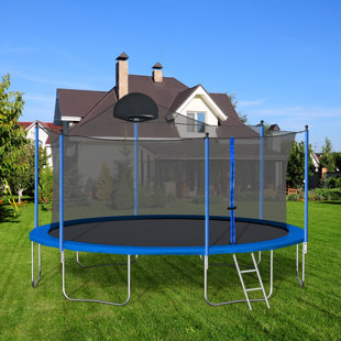 Trampoline extérieur de 14 pi avec panier de basketball et filet de sécurité capacité de 240 lb avec 72 ressorts galvanisés pour s'amuser en famille dans la cour