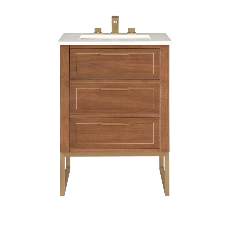 Markham 24'' W Single Vanity, White Quartz, Satin Brass, Walnut