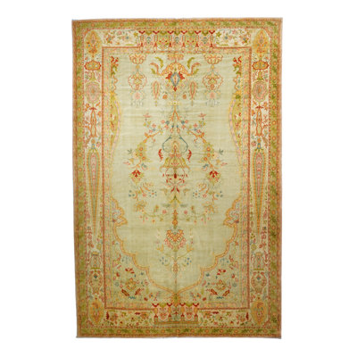 Tapis jaune en laine noué à la main de conception unique 9 pi 5 po x 14 pi 5 po