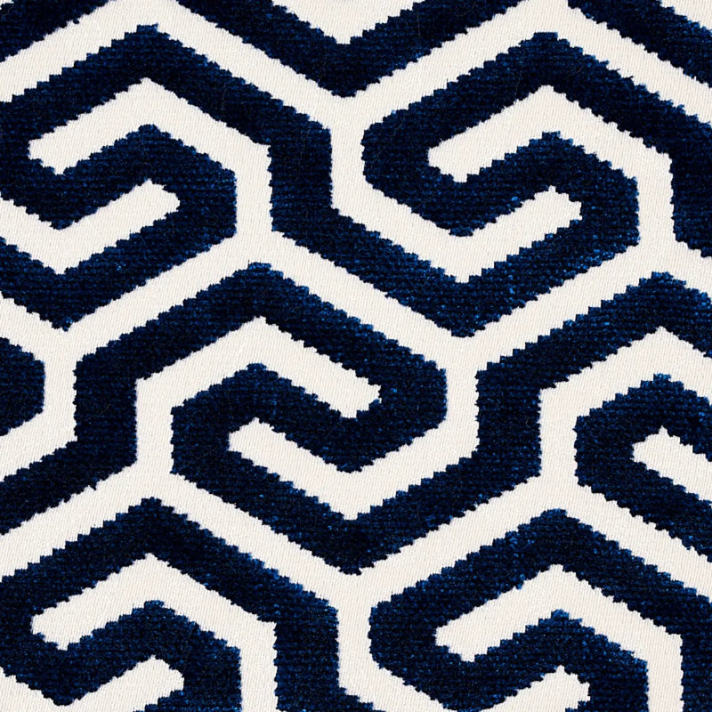Ming Fret Velvet Fabric, Navy