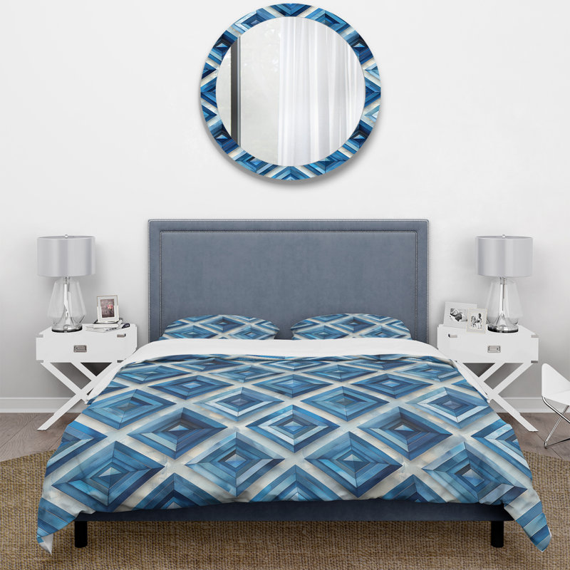Ensemble de housse de couette bleu beige Midcentury Rhombus I - Midcentury, Housse de couette simple + 2 taies décoratives st