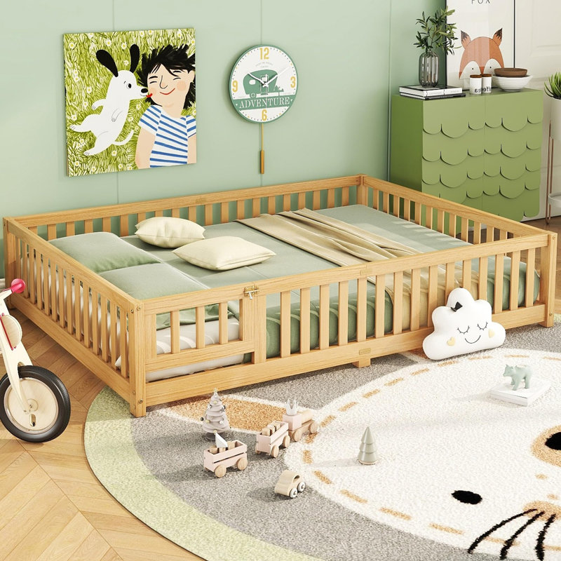 Lit en bois naturel avec barrière de sécurité, Grand lit, Wood grain Natural
