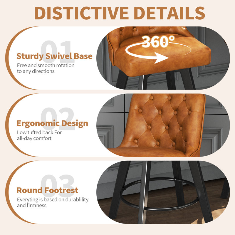 Swivel Upholstered 26'' Counter Stool Wood Leg, Brown, 1, Counter Stool (26" Seat Height)