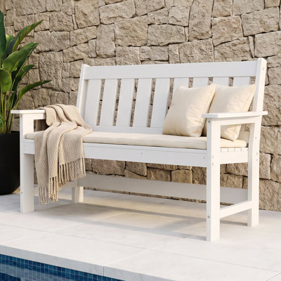 Wood Grain HDPE Patio Bench, All-Weather Outdoor Garden Bench with Ergonomic Backrest, Wide Armrests for Backyard, Porch, Deck & Lawn