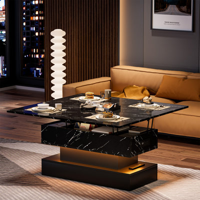 Table basse à plateau relevable avec lumières DEL et station de charge, table centrale en placage de marbre à hauteur réglable pour le salon