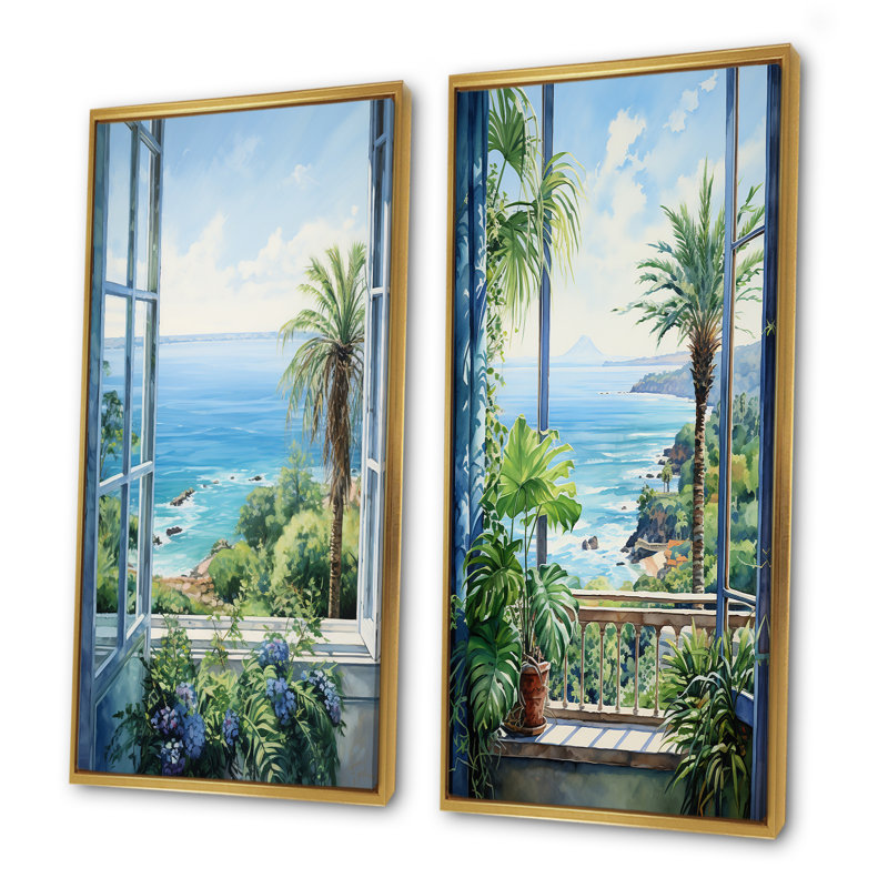 Ensemble de 2 fenêtres tropicales sur la plage I - Coastal Windows Wall Art, Cadre flottant doré, H 28 po x l 25 po