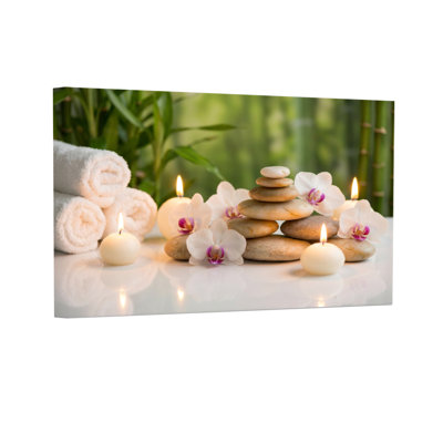 Fashion Spa Stones Candles Flowers Towels Bamboo Background Peaceful Scene
