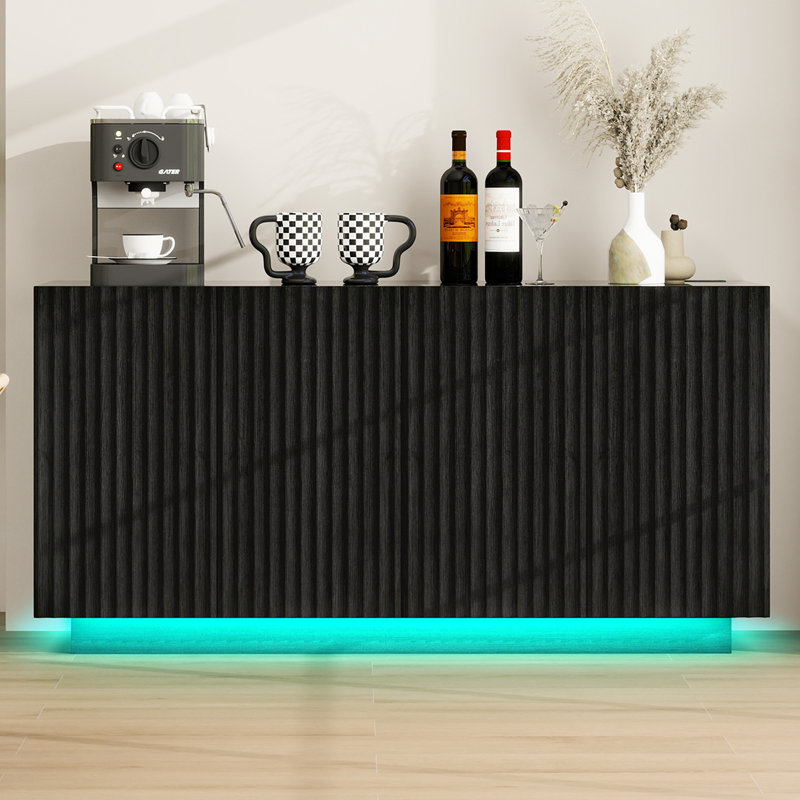 59.06″ 4-Door Buffet Sideboard Storage Cabinet with Adjustable Shelves, Led Lighting & Charging Station for Dining Room, Living Room & Entryway