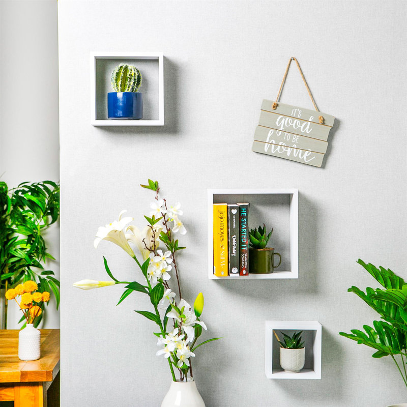 3 Piece Square Bamboo Solid Wood Floating Shelf, White