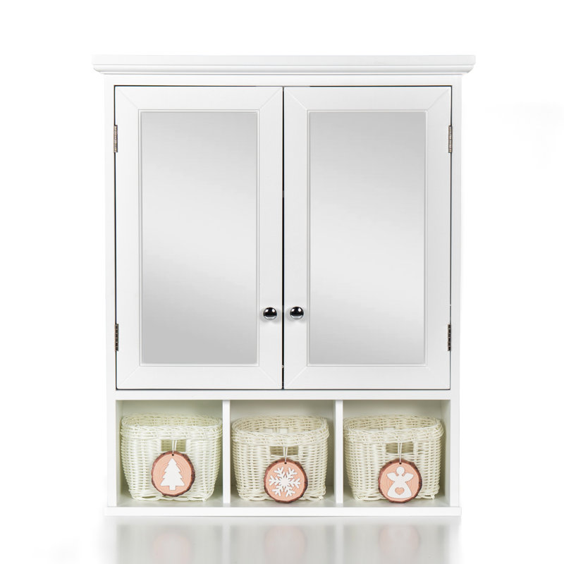 Armoire de salle de bain avec portes miroir - 2 tablettes réglables, 3 espaces de rangement supplémentaires de style Noël, fixation murale, portes blanches, preuve, assemblage facile, pour