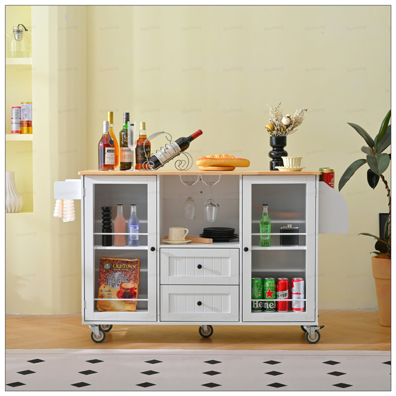 Chariot de rangement mobile pour îlot de cuisine avec plateau Dropleaf, 2 tiroirs et armoire à 2 portes pour une utilisation polyvalente