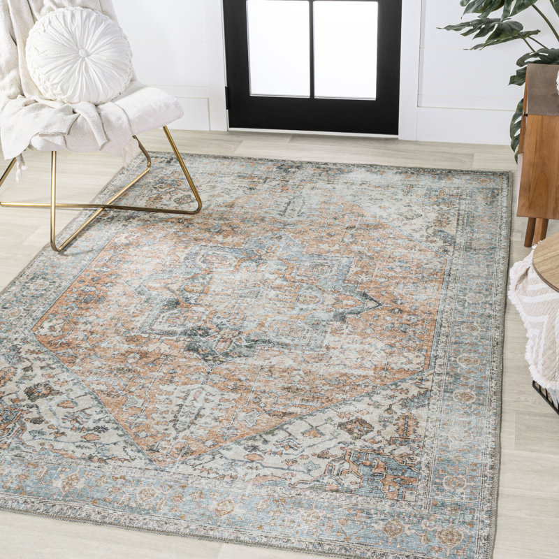 Heinfried Distressed Medallion Chenille Machine-Washable Terra/Blue Rug, Rectangle 3'11" x 6'