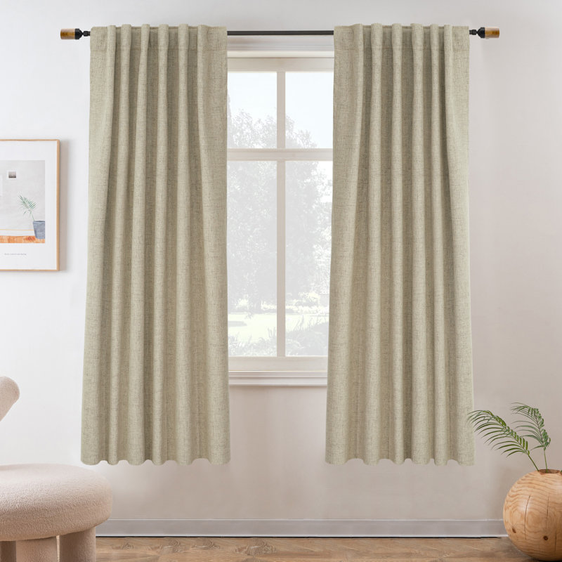 100% Blackout Linen Textured  Curtains Farmhouse Thermal Insulated Pocket Back Tab Full Light Blocking 2 Panel, 52" W x 63" L