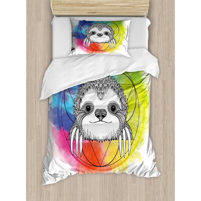 Humor Rainbow Colored Backdrop Image with Sketchy Happy Smiling Cartoon Sloth Art Duvet Cover Set -  East Urban Home, ETHG9204 45302398