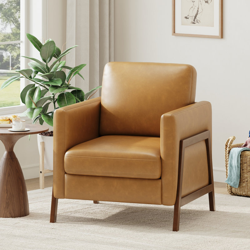 Fauteuil moderne en similicuir avec structure en bois pour le salon et la chambre à coucher, Brun