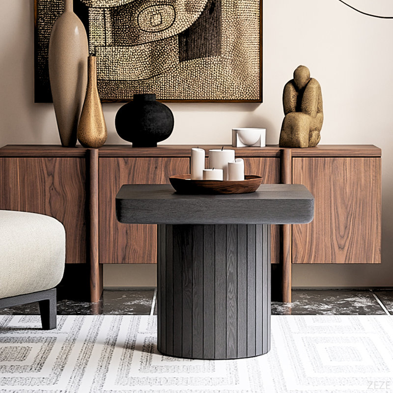Table de bout moderne en placage de bois massif de 23,6 po, table d'appoint carrée minimaliste avec motif de parquet, base cylindrique rainurée et plateau de table épaissi, table d'appoint compacte pour le salon