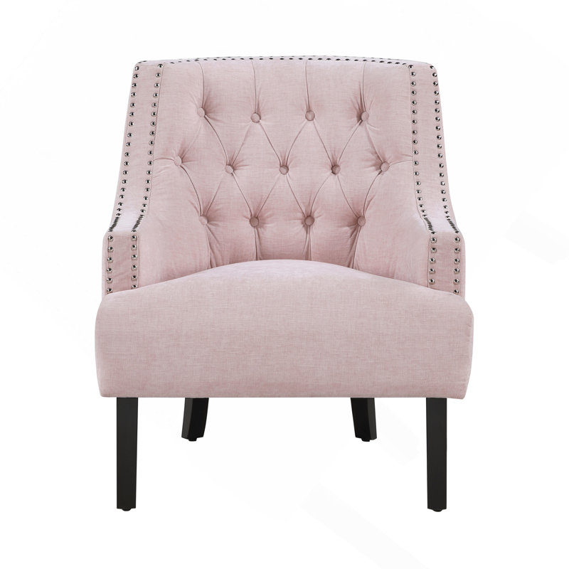 Chaise d'appoint traditionnelle en chenille rose avec revêtement en bois massif capitonné à boutons 1 pièce, Rose