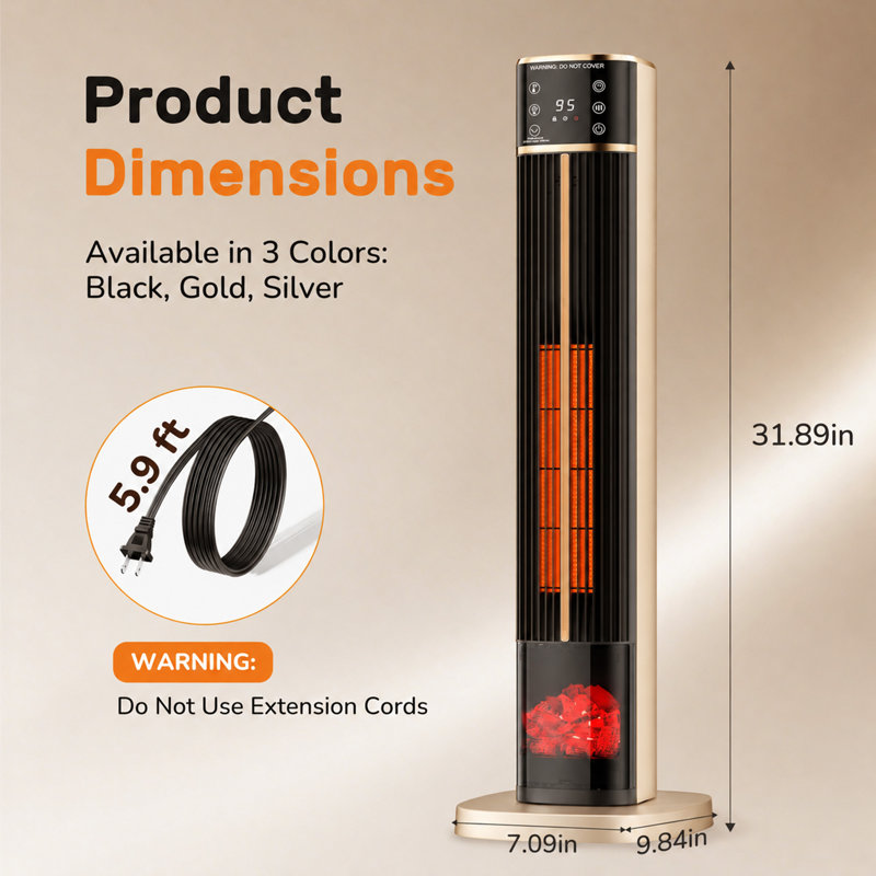 1500 Watt Electric Tower Space Heater with Realistic Flame Effect, 60° Oscillation, Gold