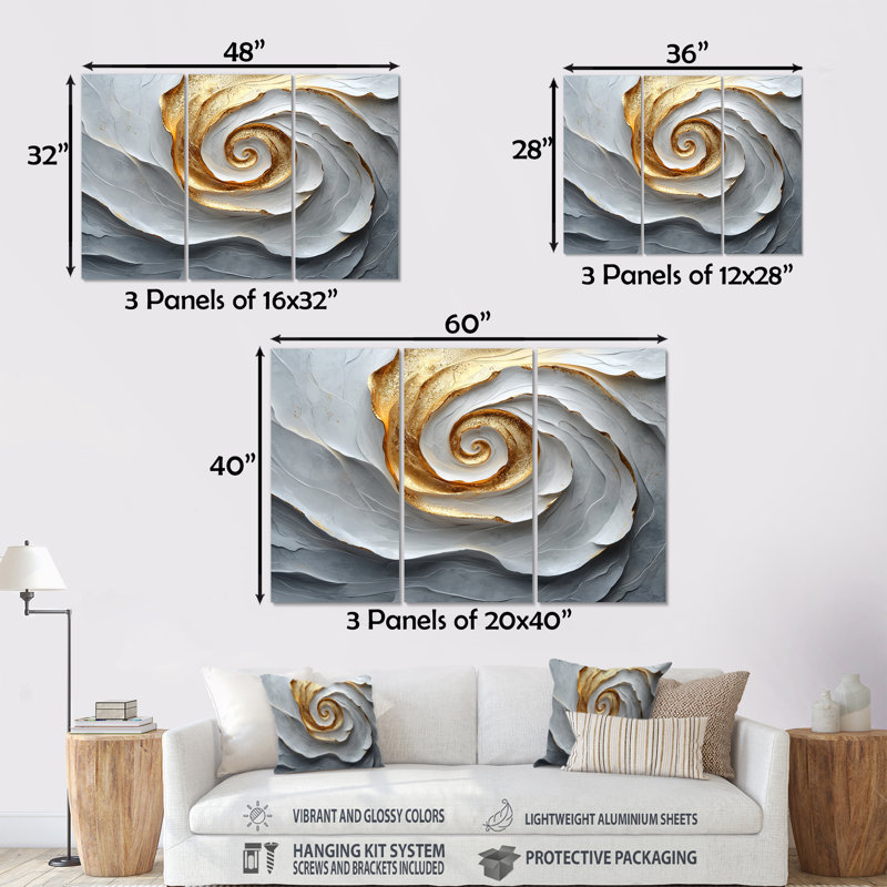 Ensemble de salon art mural blanc et or Dance of Joy I - Abstract Spirals, Métal métal, H 28 po x l 36 po x P 1 po