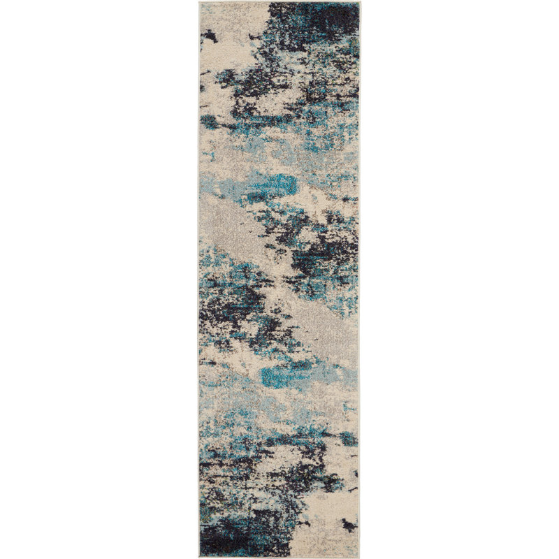 Tapis de couloir antidérapant 2 pi x 8 pi ivoire et bleu sarcelle