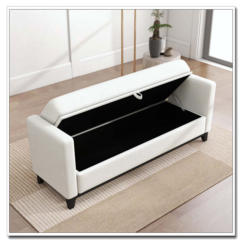 Banc rembourré en bois massif, 66 Inch+Storage, Beige + noir