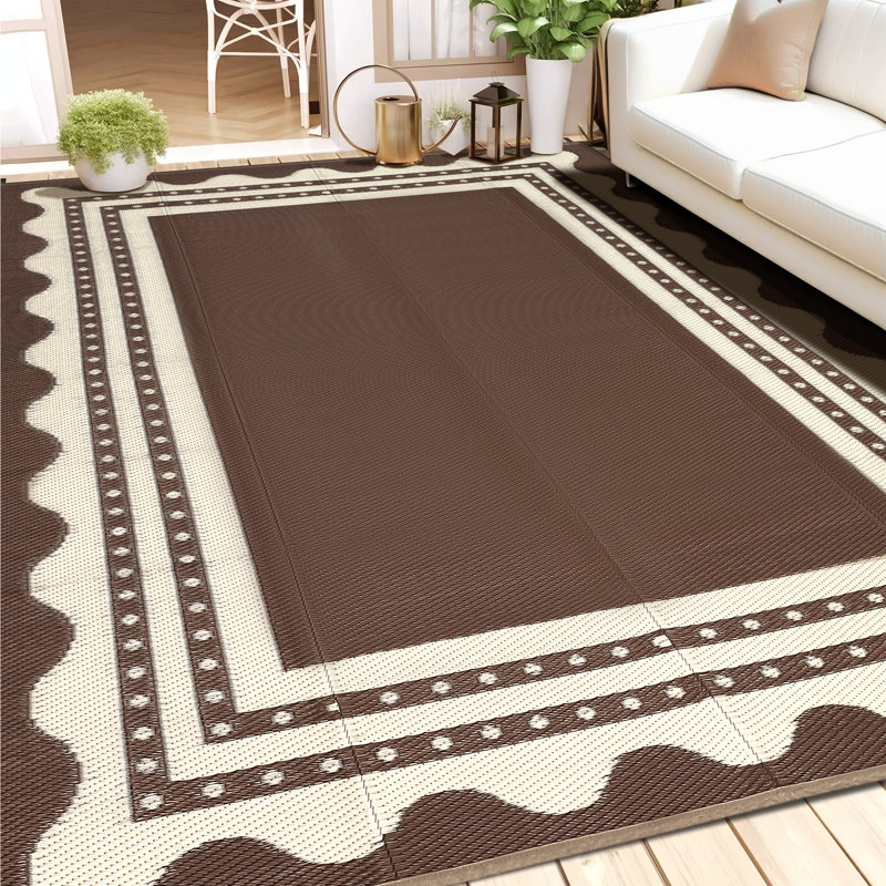 8x10 Reversible Outdoor Rug for Patio, Deck and Backyard, Waterproof and UV-Resistant Recycled Polypropylene Area Rug, Lightweight Foldable Mat for Camping, Beach and RV, Brown & Beige