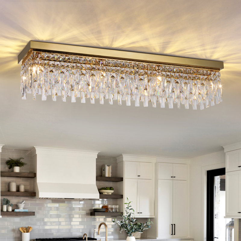 Plafonnier encastré rectangulaire de 40 po en cristal doré, lustre en cristal doré K9 pour la cuisine, la salle à manger et le salon