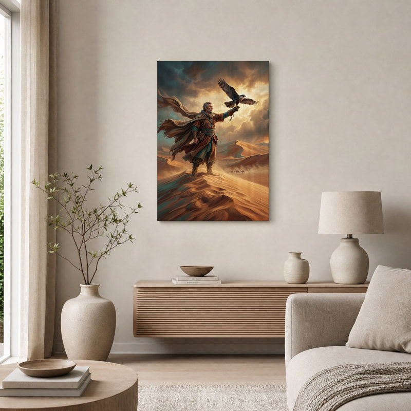«Man in robes tenant un faucon sur une dune de sable», art mural, H 24 po x l 18 po