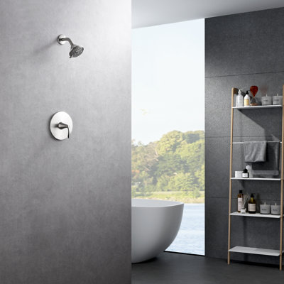 Stilleto Collection Shower Trim Only: 3-Function 4" Round Shower Head, Single Handle Set & Rough-in Valve Included - Brushed Nickel