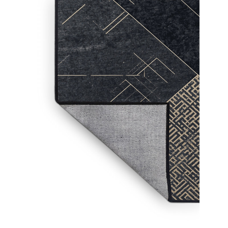 Tapis à formes géométriques modernes et élégantes lavables à la machine en noir Carl Carl, Carré 5 pi