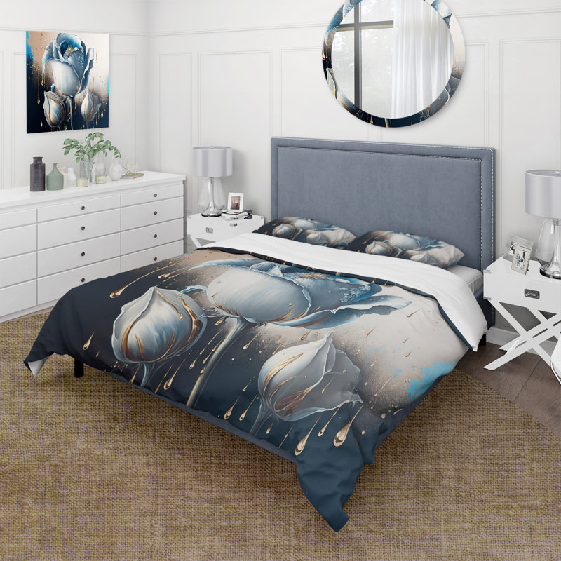 Ensemble de housse de couette Cly Lillies II bleu clair et blanc en polyester microfibre Cally Lillies II