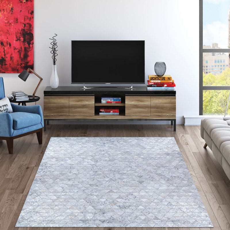 Easthampton Silver Grey Geometric Handmade Cowhide Rug, Rectangle 3'4" x 5'4"