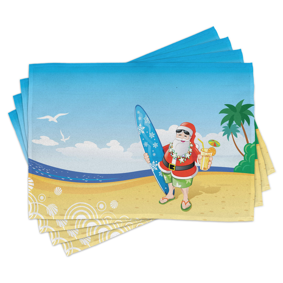 Platzdeckchen 4er-Set, Santa on Beach Surf, blau-gelb