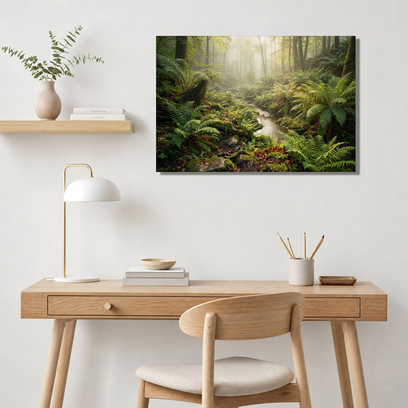 Tableau sur toile représentant un ruisseau ensoleillé entouré de fougères, H 24 po x l 36 po