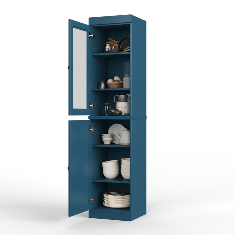Armoire de rangement de garde-manger 100% en bois massif 16,5 po Jaylena avec portes en verre transparent et tablettes réglables