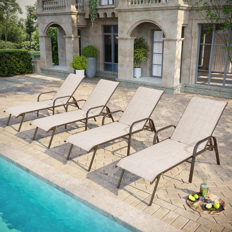 Ensemble de chaises longues d'extérieur en métal (ensemble de 4), Brun / Beige