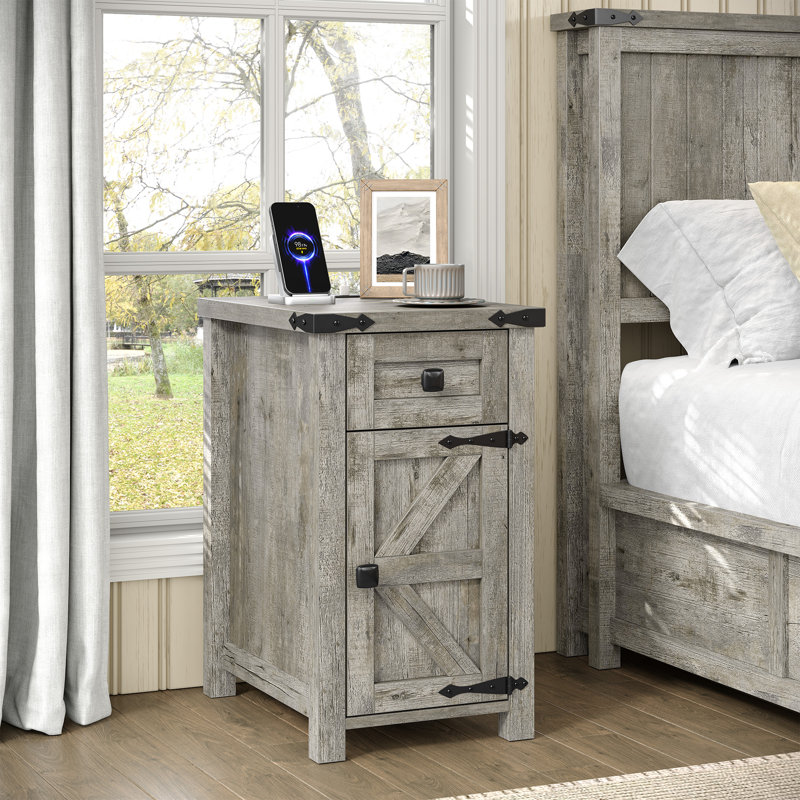 Table de bout Jaquavion Farmhouse avec station de charge et tiroir pour le salon, Plateau gris / base grise, 2