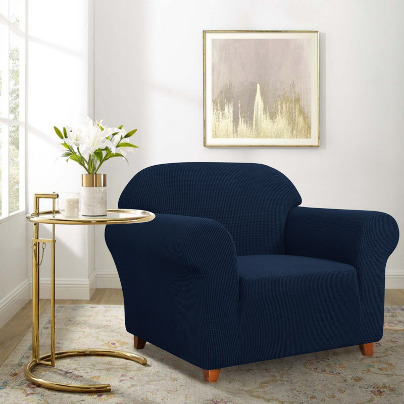 Jacquard Spandex Stretch Box Cushion Sofa Slipcover, Dark Blue