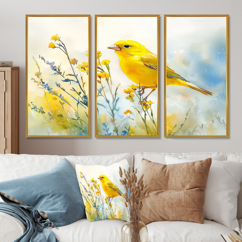 Oiseau pinson sur une tige de fleur sauvage II - art mural oiseau - ensemble de 3, H 40 po x l 60 po, Doré