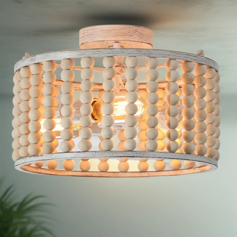 Semi-Flush Mount Wood Bead Chandelier Light Fixture, 3-Light Rustic Boho Ceiling Light With Hand-Strung Beads For Bedroom, Kitchen, Living Room, Nursery
